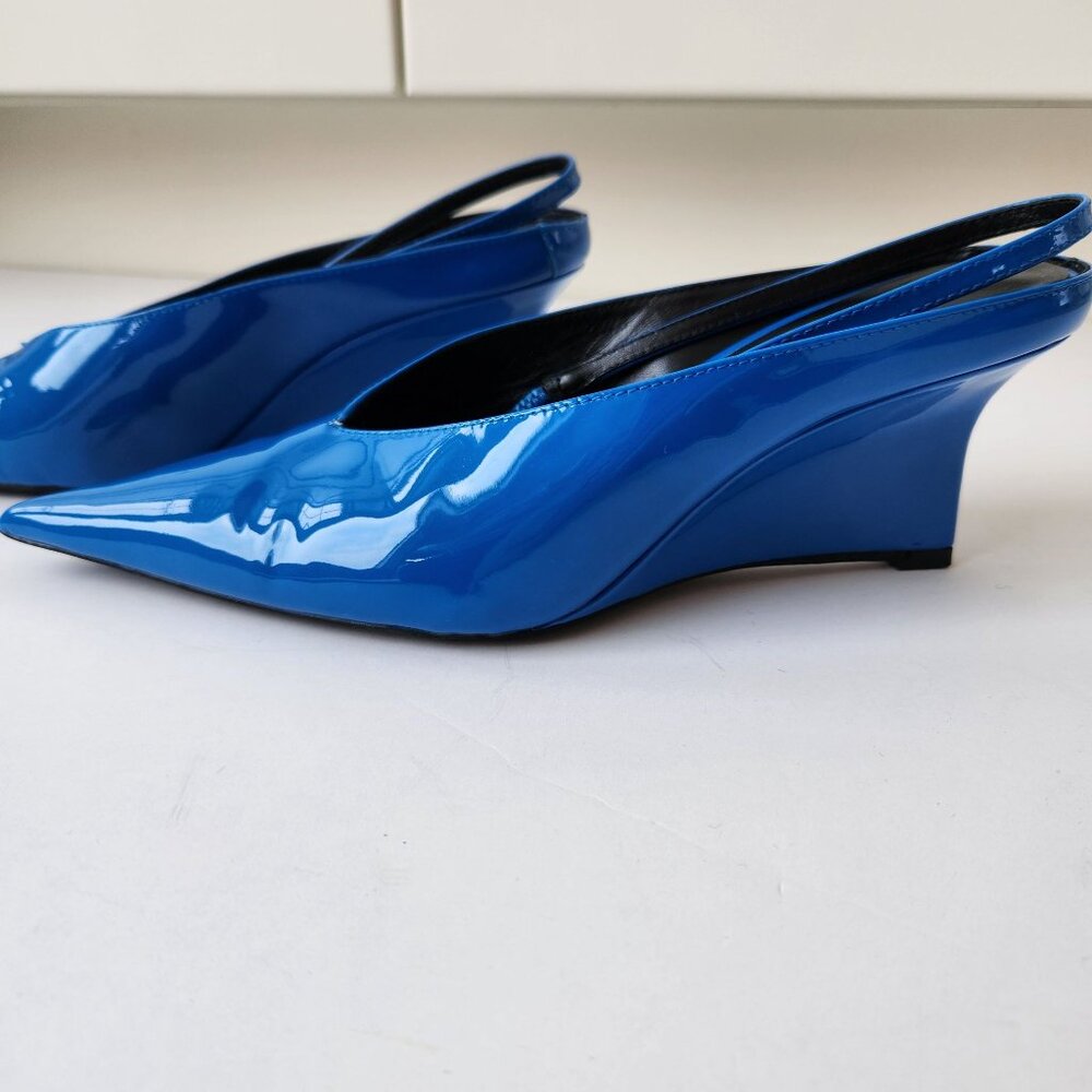 Zara Blue Patent Leather Pointed Toe Kitten Heel Wedge Slingback Shoes Size 38 - Picture 12 of 16